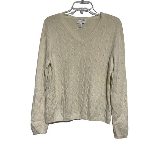 Cashmere Petite Women's Sweater Pullover V-Neck Cable Knit Tan Size PL - Picture 1 of 4